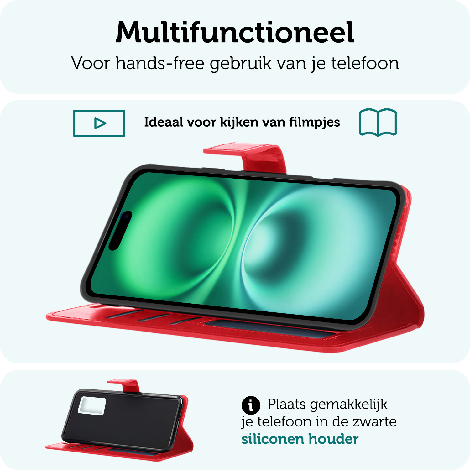 Forterra Hoesje Geschikt voor iPhone 16 Plus Book Case Kunstleer Hoes Met Screenprotector - Hoes Geschikt voor iPhone 16 Plus Hoesje Bookcase Met Pasjeshouder - Rood