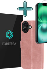 Forterra Hoesje Geschikt voor iPhone 16 Plus Book Case Kunstleer Hoes Met Screenprotector - Hoes Geschikt voor iPhone 16 Plus Hoesje Bookcase Met Pasjeshouder - Rosé goud