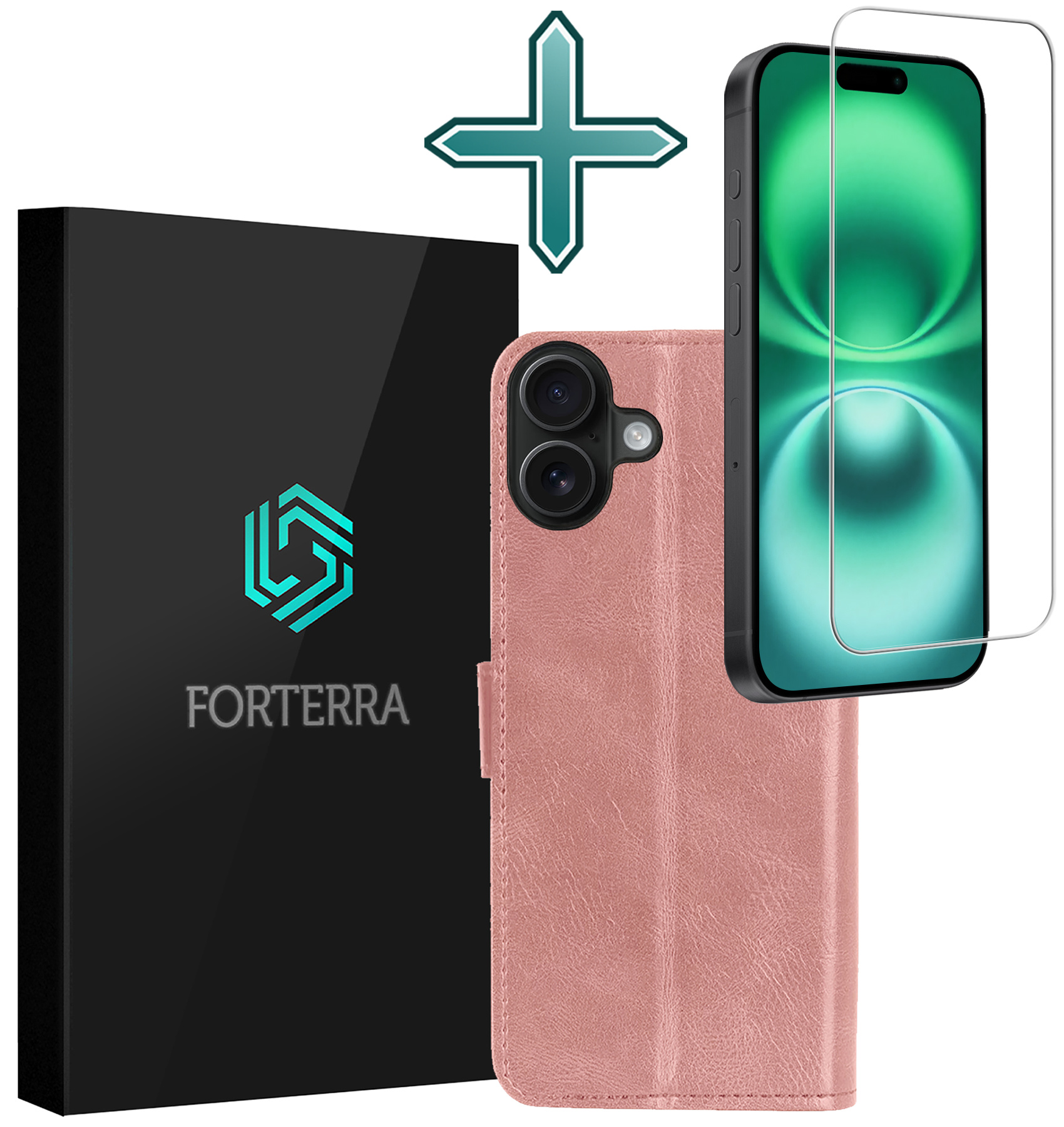 Forterra Hoesje Geschikt voor iPhone 16 Plus Book Case Kunstleer Hoes Met Screenprotector - Hoes Geschikt voor iPhone 16 Plus Hoesje Bookcase Met Pasjeshouder - Rosé goud