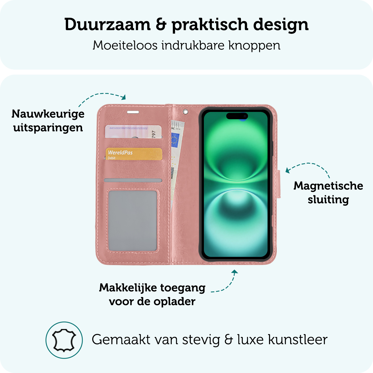 Forterra Hoesje Geschikt voor iPhone 16 Plus Book Case Kunstleer Hoes Met Screenprotector - Hoes Geschikt voor iPhone 16 Plus Hoesje Bookcase Met Pasjeshouder - Rosé goud