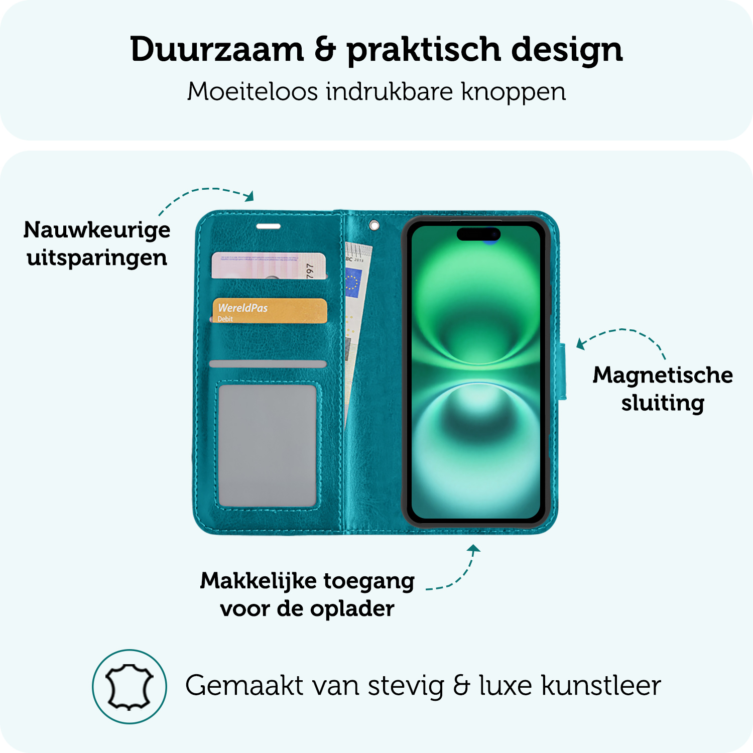 Forterra Hoesje Geschikt voor iPhone 16 Plus Book Case Kunstleer Hoes Met Screenprotector - Hoes Geschikt voor iPhone 16 Plus Hoesje Bookcase Met Pasjeshouder - Turquoise