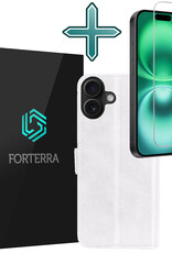 Forterra Hoesje Geschikt voor iPhone 16 Plus Book Case Kunstleer Hoes Met Screenprotector - Hoes Geschikt voor iPhone 16 Plus Hoesje Bookcase Met Pasjeshouder - Wit