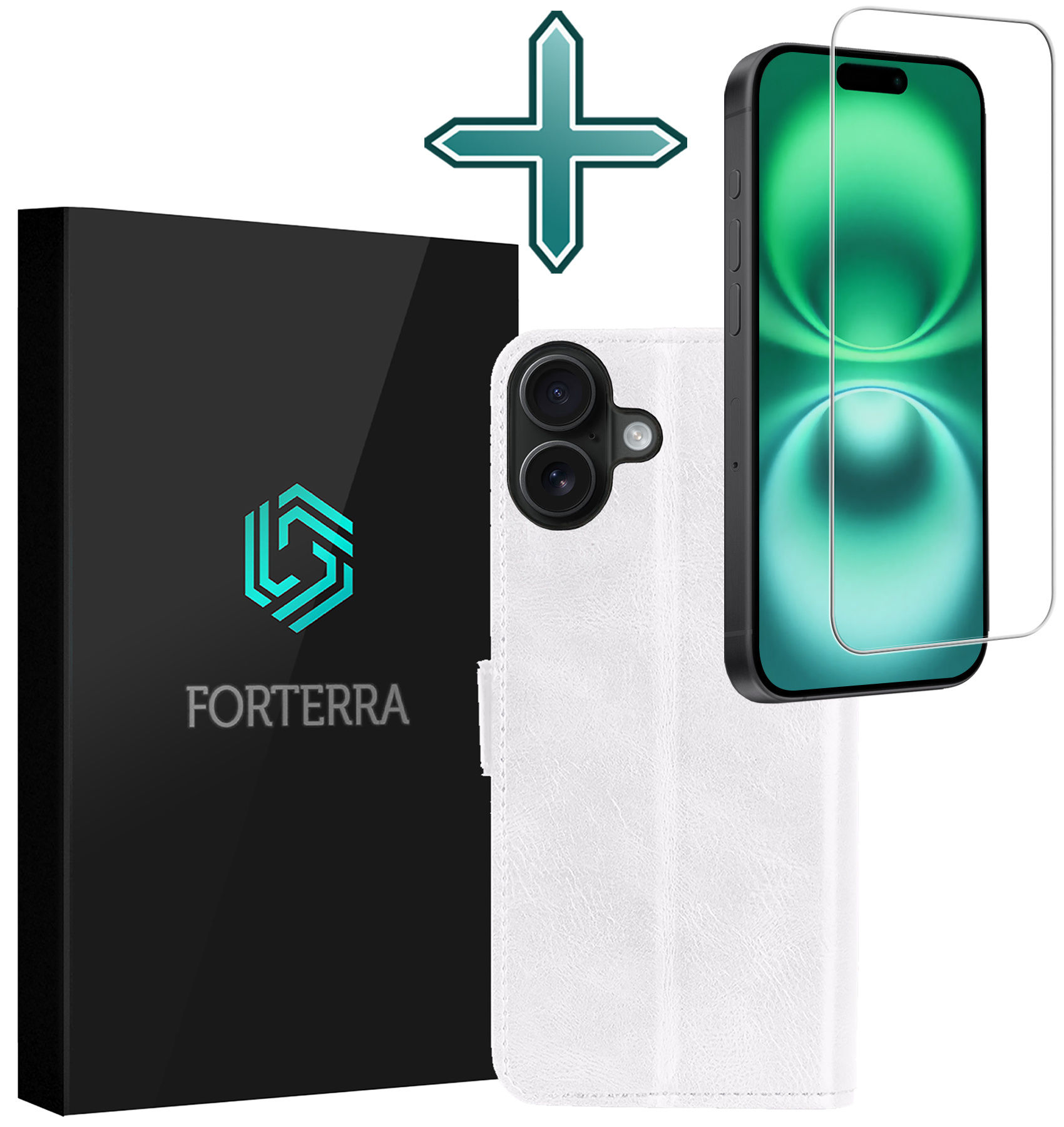 Forterra Hoesje Geschikt voor iPhone 16 Plus Book Case Kunstleer Hoes Met Screenprotector - Hoes Geschikt voor iPhone 16 Plus Hoesje Bookcase Met Pasjeshouder - Wit