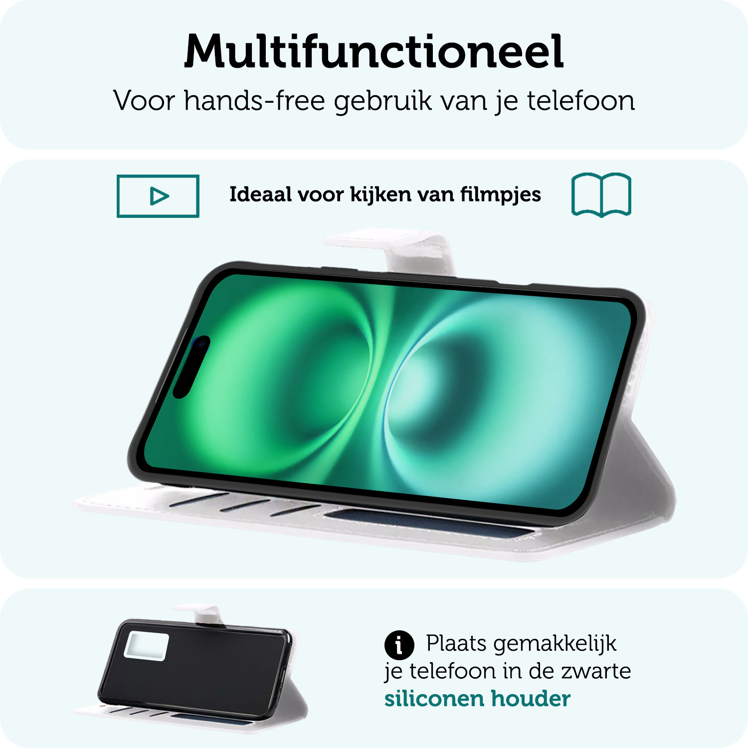Forterra Hoesje Geschikt voor iPhone 16 Plus Book Case Kunstleer Hoes Met Screenprotector - Hoes Geschikt voor iPhone 16 Plus Hoesje Bookcase Met Pasjeshouder - Wit