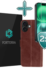 Forterra Hoesje Geschikt voor iPhone 16 Plus Book Case Kunstleer Hoes Met 2x Screenprotector - Hoes Geschikt voor iPhone 16 Plus Hoesje Bookcase Met Pasjeshouder - Bruin