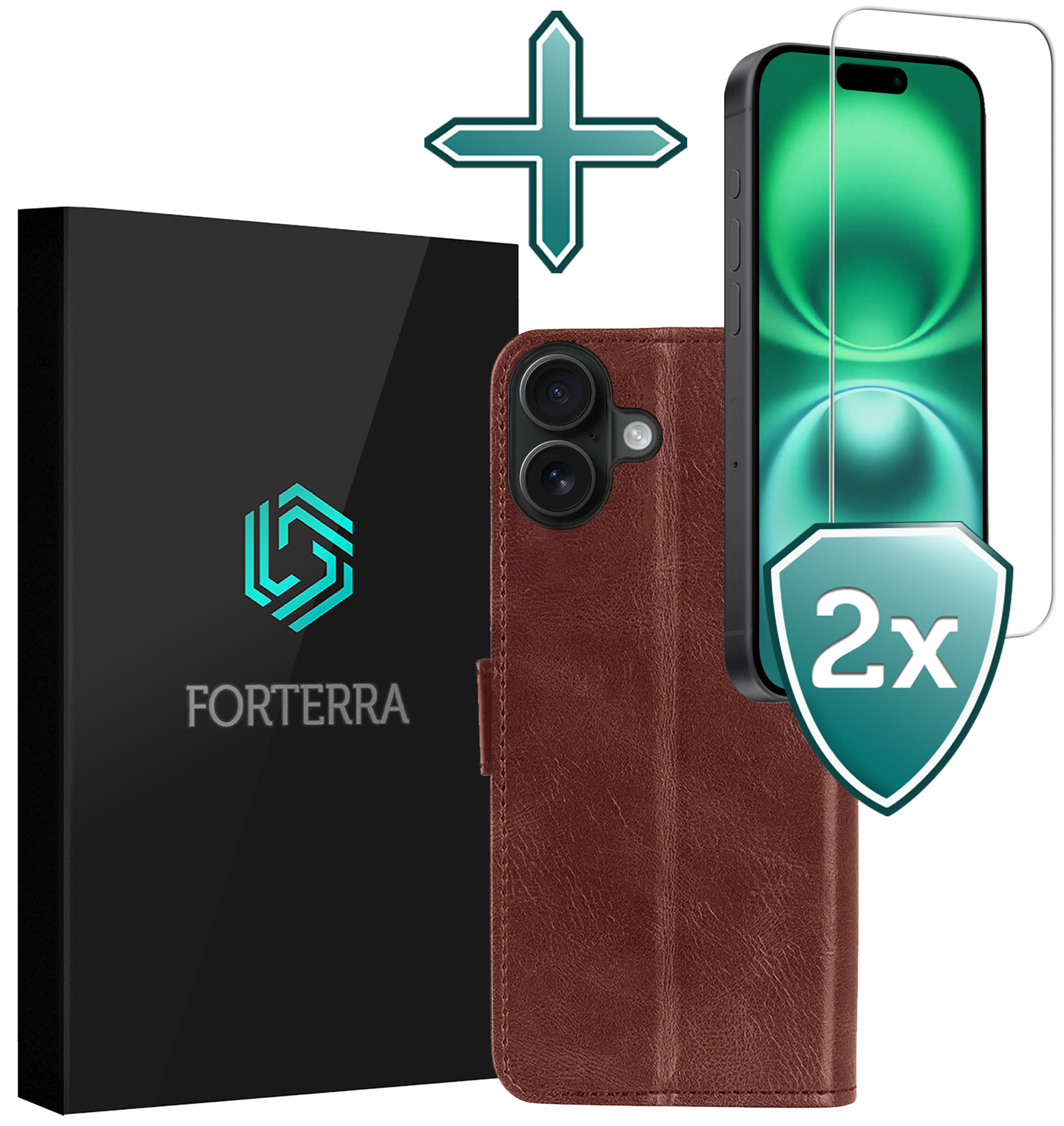 Forterra Hoesje Geschikt voor iPhone 16 Plus Book Case Kunstleer Hoes Met 2x Screenprotector - Hoes Geschikt voor iPhone 16 Plus Hoesje Bookcase Met Pasjeshouder - Bruin