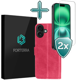 Forterra Forterra iPhone 16 Plus Hoesje Bookcase Met 2x Screenprotector - Donkerroze