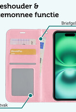 Forterra Hoesje Geschikt voor iPhone 16 Plus Book Case Kunstleer Hoes Met 2x Screenprotector - Hoes Geschikt voor iPhone 16 Plus Hoesje Bookcase Met Pasjeshouder - Lichtroze