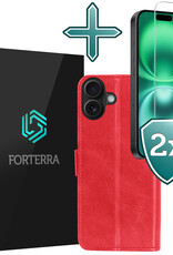 Forterra Hoesje Geschikt voor iPhone 16 Plus Book Case Kunstleer Hoes Met 2x Screenprotector - Hoes Geschikt voor iPhone 16 Plus Hoesje Bookcase Met Pasjeshouder - Rood