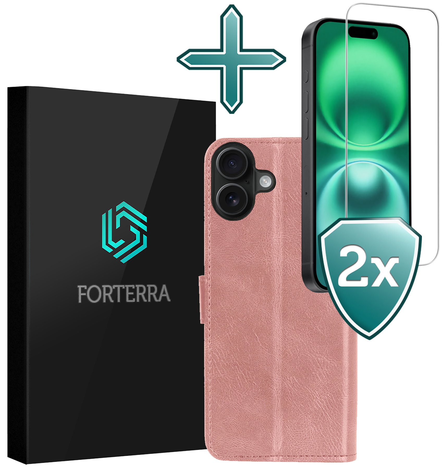 Forterra Hoesje Geschikt voor iPhone 16 Plus Book Case Kunstleer Hoes Met 2x Screenprotector - Hoes Geschikt voor iPhone 16 Plus Hoesje Bookcase Met Pasjeshouder - Rosé goud