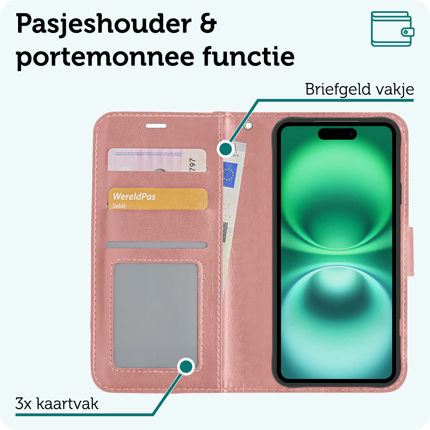 Forterra Hoesje Geschikt voor iPhone 16 Plus Book Case Kunstleer Hoes Met 2x Screenprotector - Hoes Geschikt voor iPhone 16 Plus Hoesje Bookcase Met Pasjeshouder - Rosé goud