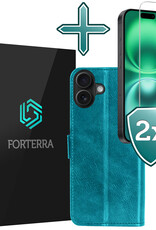 Forterra Hoesje Geschikt voor iPhone 16 Plus Book Case Kunstleer Hoes Met 2x Screenprotector - Hoes Geschikt voor iPhone 16 Plus Hoesje Bookcase Met Pasjeshouder - Turquoise