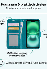 Forterra Hoesje Geschikt voor iPhone 16 Plus Book Case Kunstleer Hoes Met 2x Screenprotector - Hoes Geschikt voor iPhone 16 Plus Hoesje Bookcase Met Pasjeshouder - Turquoise