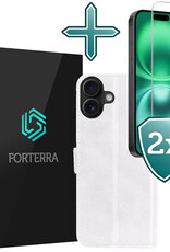 Forterra Hoesje Geschikt voor iPhone 16 Plus Book Case Kunstleer Hoes Met 2x Screenprotector - Hoes Geschikt voor iPhone 16 Plus Hoesje Bookcase Met Pasjeshouder - Wit