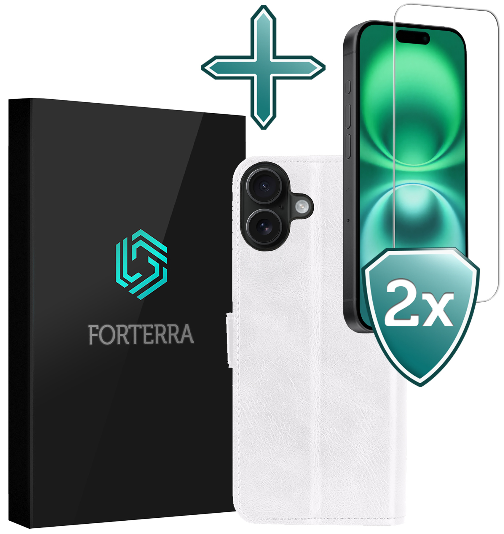 Forterra Hoesje Geschikt voor iPhone 16 Plus Book Case Kunstleer Hoes Met 2x Screenprotector - Hoes Geschikt voor iPhone 16 Plus Hoesje Bookcase Met Pasjeshouder - Wit