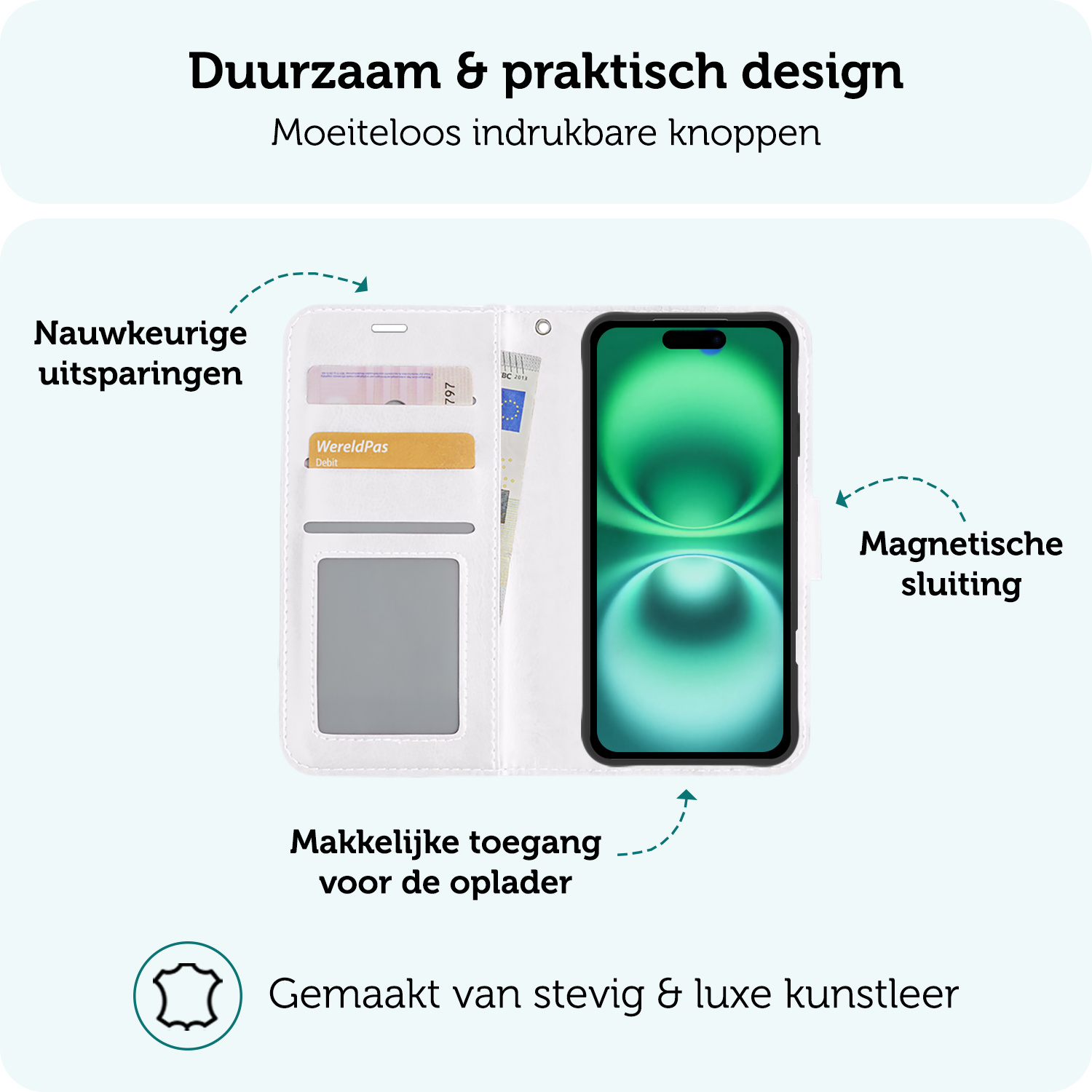 Forterra Hoesje Geschikt voor iPhone 16 Plus Book Case Kunstleer Hoes Met 2x Screenprotector - Hoes Geschikt voor iPhone 16 Plus Hoesje Bookcase Met Pasjeshouder - Wit