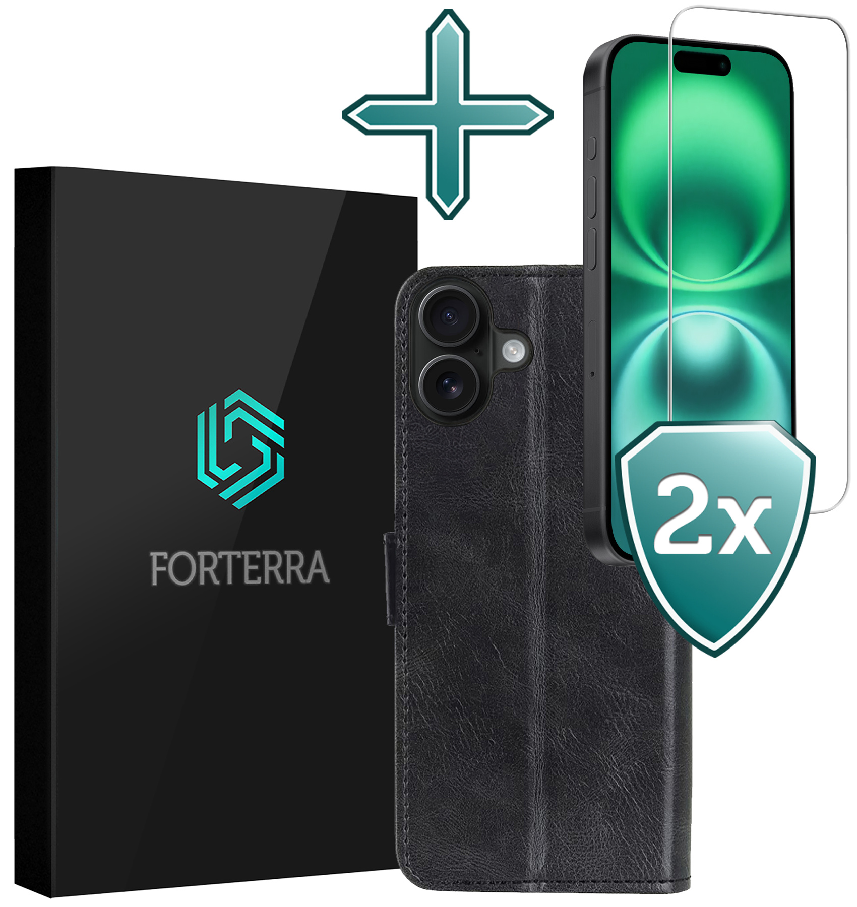 Forterra Hoesje Geschikt voor iPhone 16 Plus Book Case Kunstleer Hoes Met 2x Screenprotector - Hoes Geschikt voor iPhone 16 Plus Hoesje Bookcase Met Pasjeshouder - Zwart