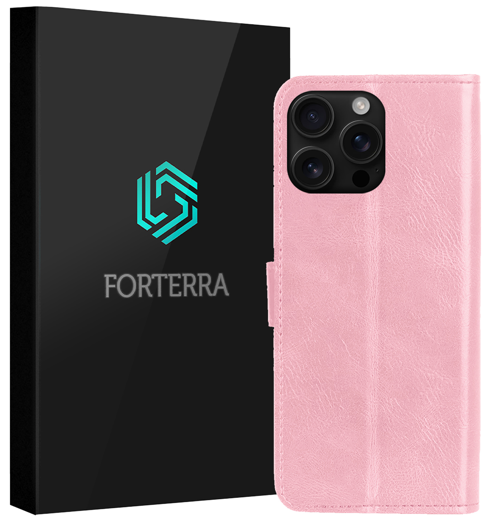 Forterra Hoesje Geschikt voor iPhone 16 Pro Book Case Kunstleer Hoes - Hoes Geschikt voor iPhone 16 Pro Hoesje Bookcase Met Pasjeshouder - Lichtroze