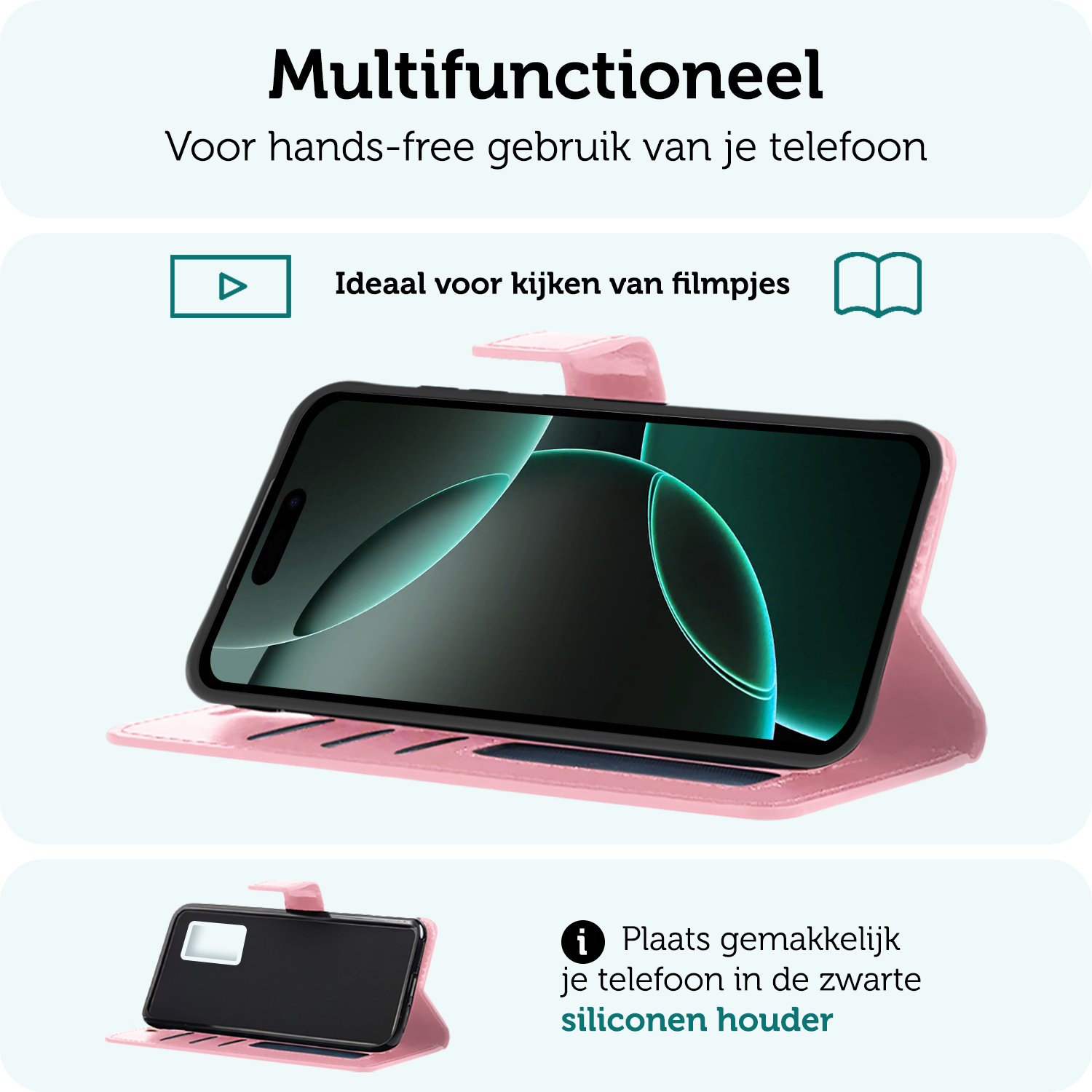 Forterra Hoesje Geschikt voor iPhone 16 Pro Book Case Kunstleer Hoes - Hoes Geschikt voor iPhone 16 Pro Hoesje Bookcase Met Pasjeshouder - Lichtroze