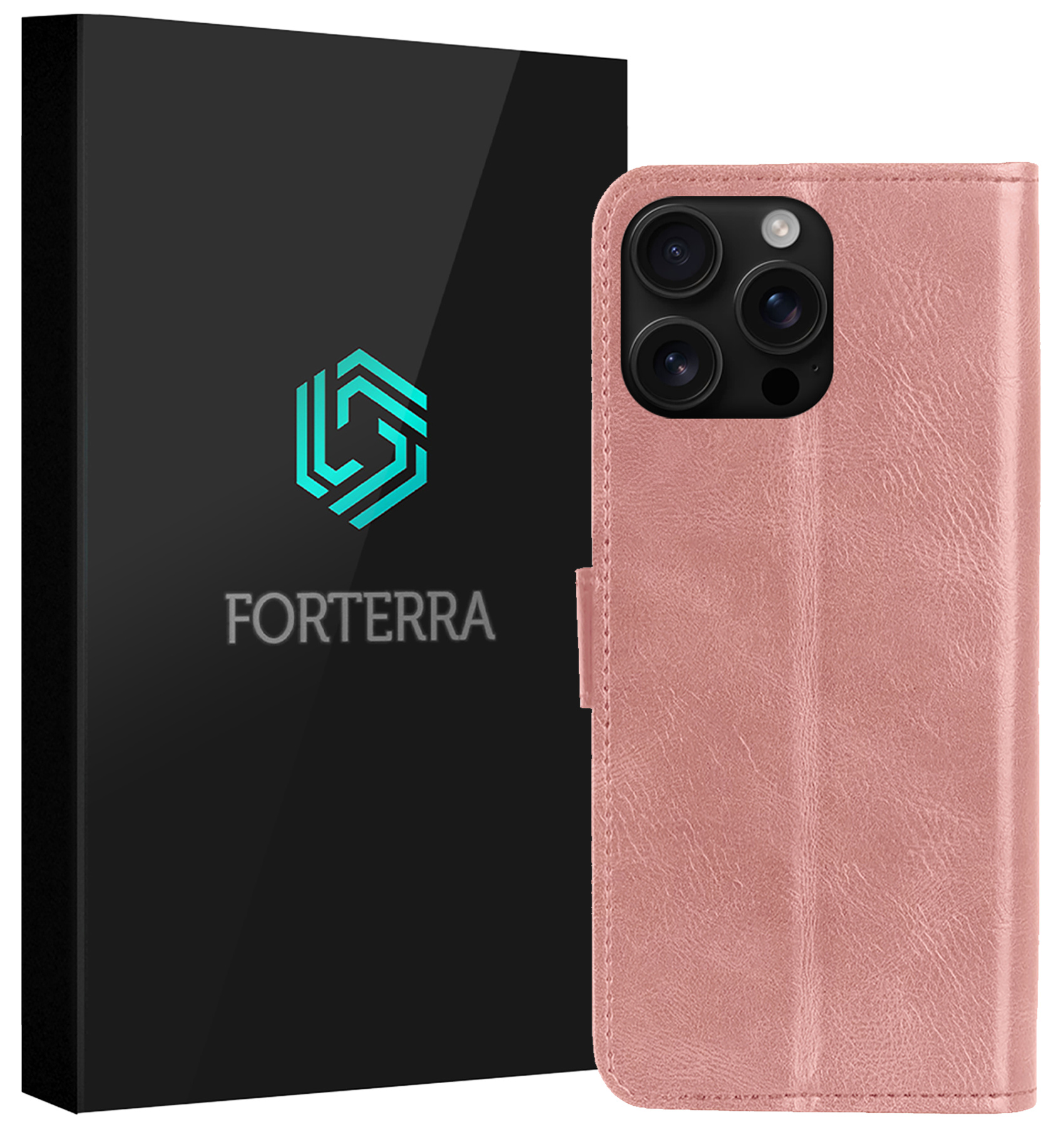 Forterra Hoesje Geschikt voor iPhone 16 Pro Book Case Kunstleer Hoes - Hoes Geschikt voor iPhone 16 Pro Hoesje Bookcase Met Pasjeshouder - Rosé goud
