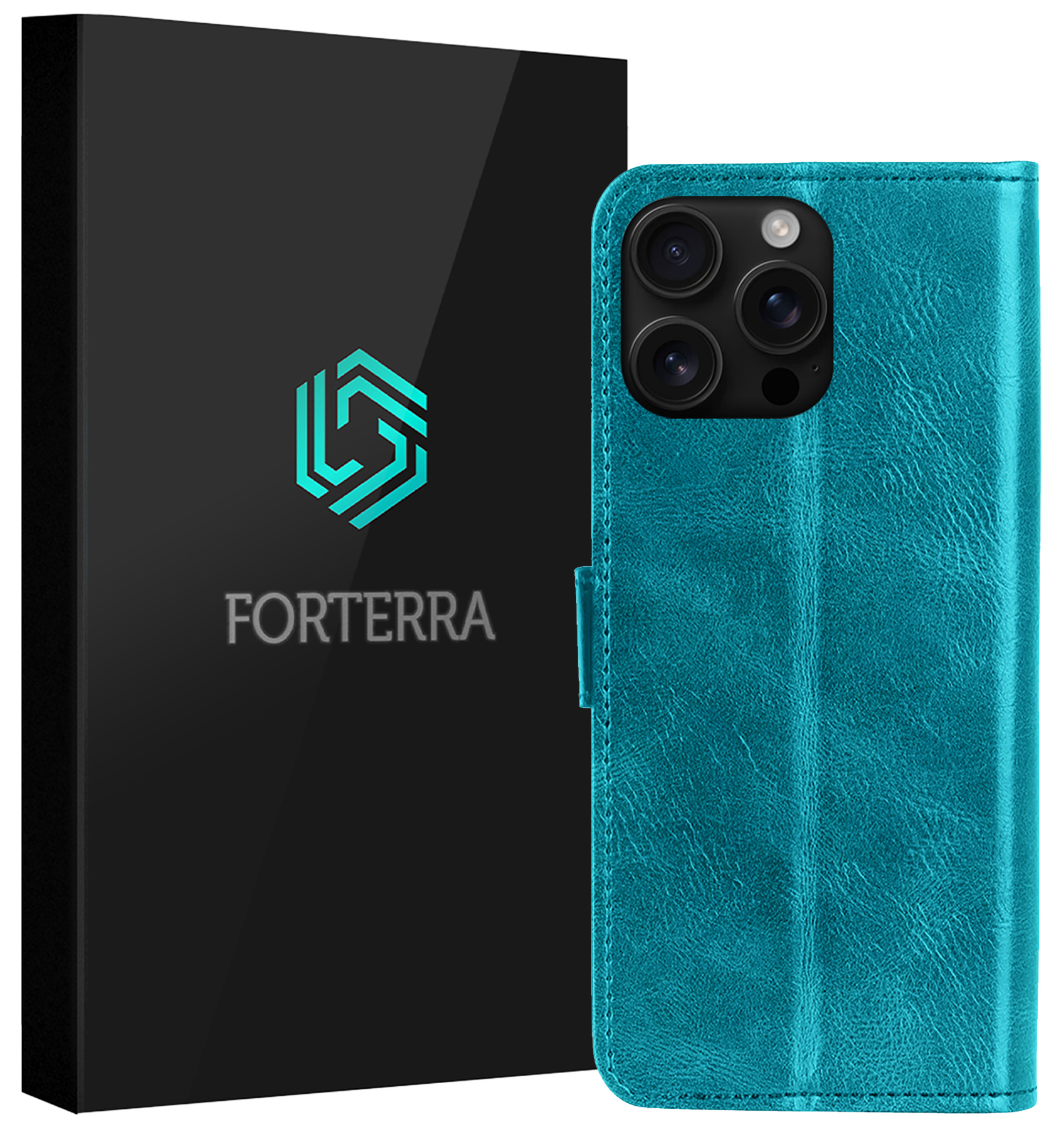 Forterra Hoesje Geschikt voor iPhone 16 Pro Book Case Kunstleer Hoes - Hoes Geschikt voor iPhone 16 Pro Hoesje Bookcase Met Pasjeshouder - Turquoise