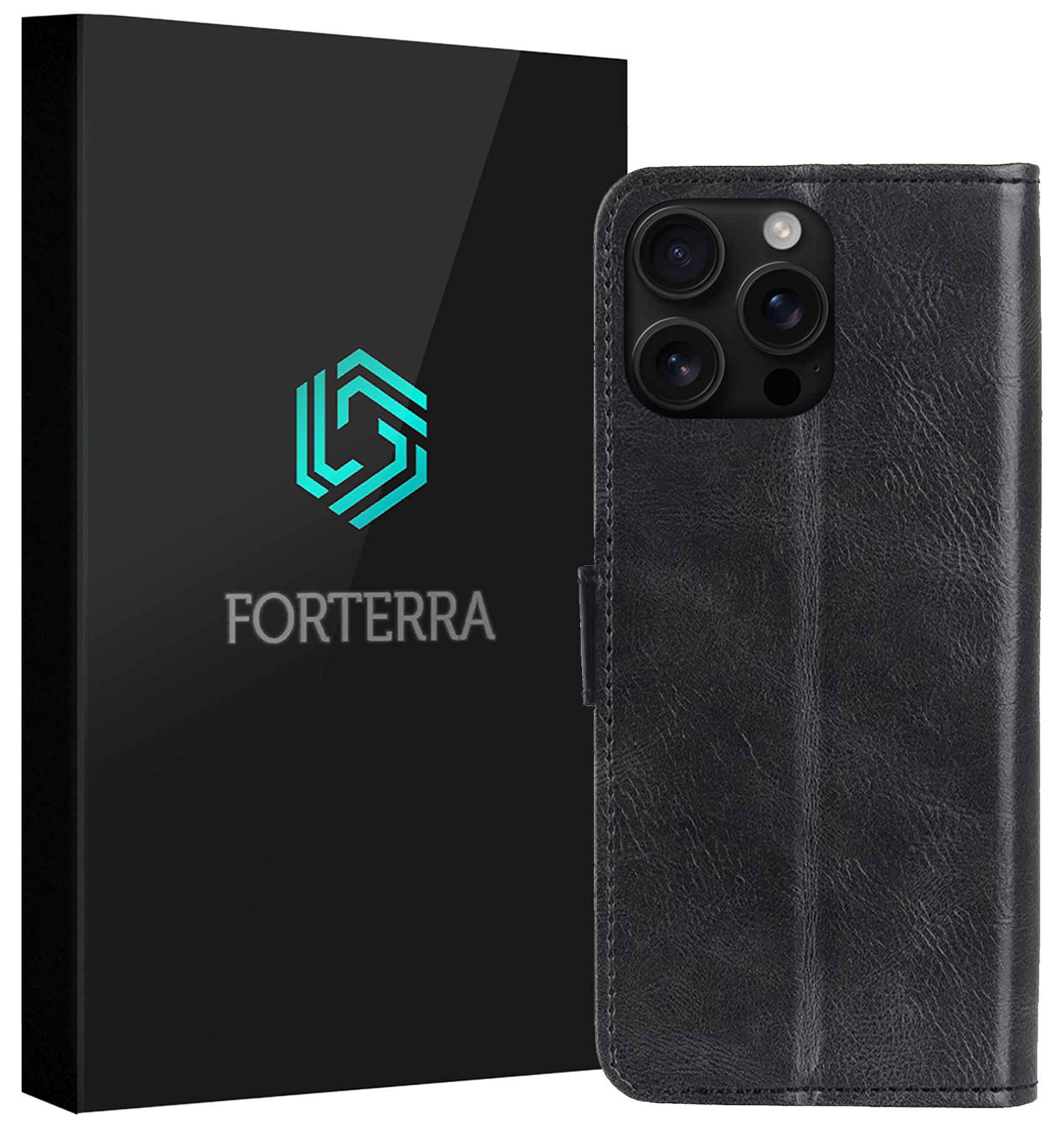 Forterra Hoesje Geschikt voor iPhone 16 Pro Book Case Kunstleer Hoes - Hoes Geschikt voor iPhone 16 Pro Hoesje Bookcase Met Pasjeshouder - Zwart