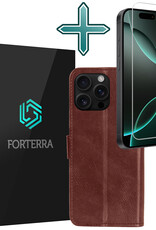 Forterra Hoesje Geschikt voor iPhone 16 Pro Book Case Kunstleer Hoes Met Screenprotector - Hoes Geschikt voor iPhone 16 Pro Hoesje Bookcase Met Pasjeshouder - Bruin