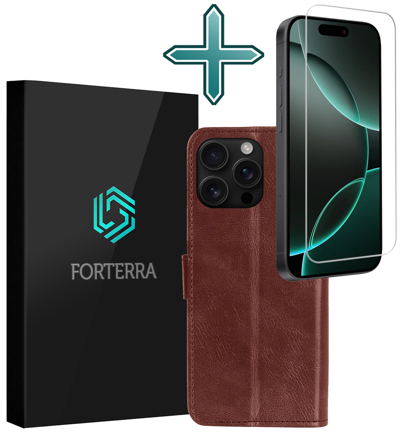 Forterra Hoesje Geschikt voor iPhone 16 Pro Book Case Kunstleer Hoes Met Screenprotector - Hoes Geschikt voor iPhone 16 Pro Hoesje Bookcase Met Pasjeshouder - Bruin