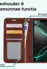 Forterra Hoesje Geschikt voor iPhone 16 Pro Book Case Kunstleer Hoes Met Screenprotector - Hoes Geschikt voor iPhone 16 Pro Hoesje Bookcase Met Pasjeshouder - Bruin