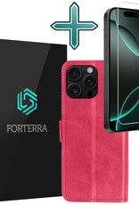 Forterra Hoesje Geschikt voor iPhone 16 Pro Book Case Kunstleer Hoes Met Screenprotector - Hoes Geschikt voor iPhone 16 Pro Hoesje Bookcase Met Pasjeshouder - Donkerroze
