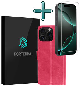 Forterra Forterra iPhone 16 Pro Hoesje Bookcase Met Screenprotector - Donkerroze