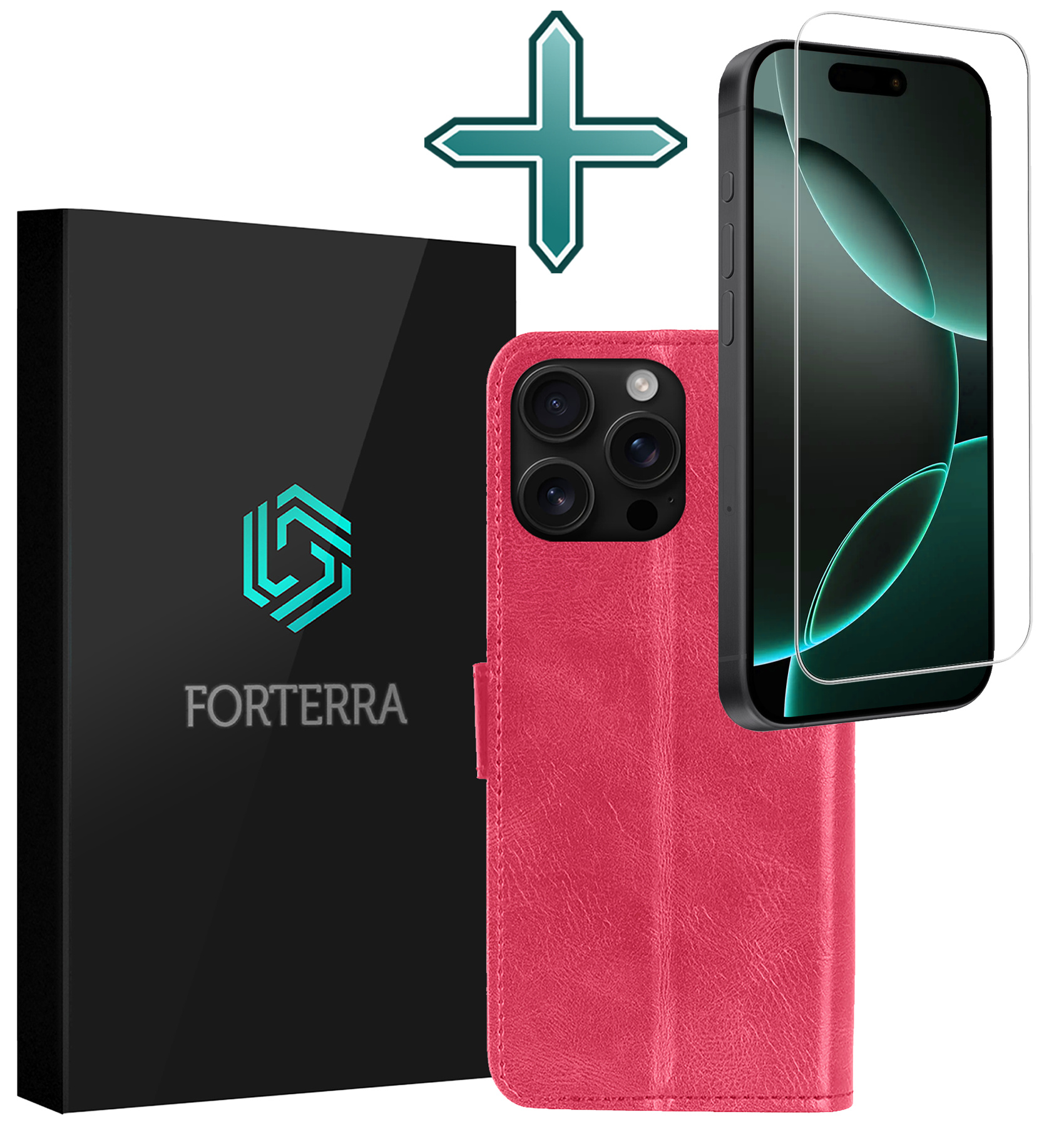 Forterra Hoesje Geschikt voor iPhone 16 Pro Book Case Kunstleer Hoes Met Screenprotector - Hoes Geschikt voor iPhone 16 Pro Hoesje Bookcase Met Pasjeshouder - Donkerroze