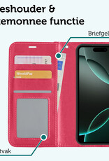 Forterra Hoesje Geschikt voor iPhone 16 Pro Book Case Kunstleer Hoes Met Screenprotector - Hoes Geschikt voor iPhone 16 Pro Hoesje Bookcase Met Pasjeshouder - Donkerroze