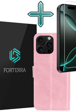 Forterra Hoesje Geschikt voor iPhone 16 Pro Book Case Kunstleer Hoes Met Screenprotector - Hoes Geschikt voor iPhone 16 Pro Hoesje Bookcase Met Pasjeshouder - Lichtroze