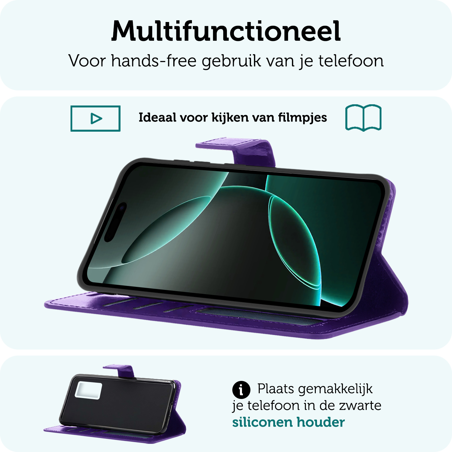 Forterra Hoesje Geschikt voor iPhone 16 Pro Book Case Kunstleer Hoes Met Screenprotector - Hoes Geschikt voor iPhone 16 Pro Hoesje Bookcase Met Pasjeshouder - Paars