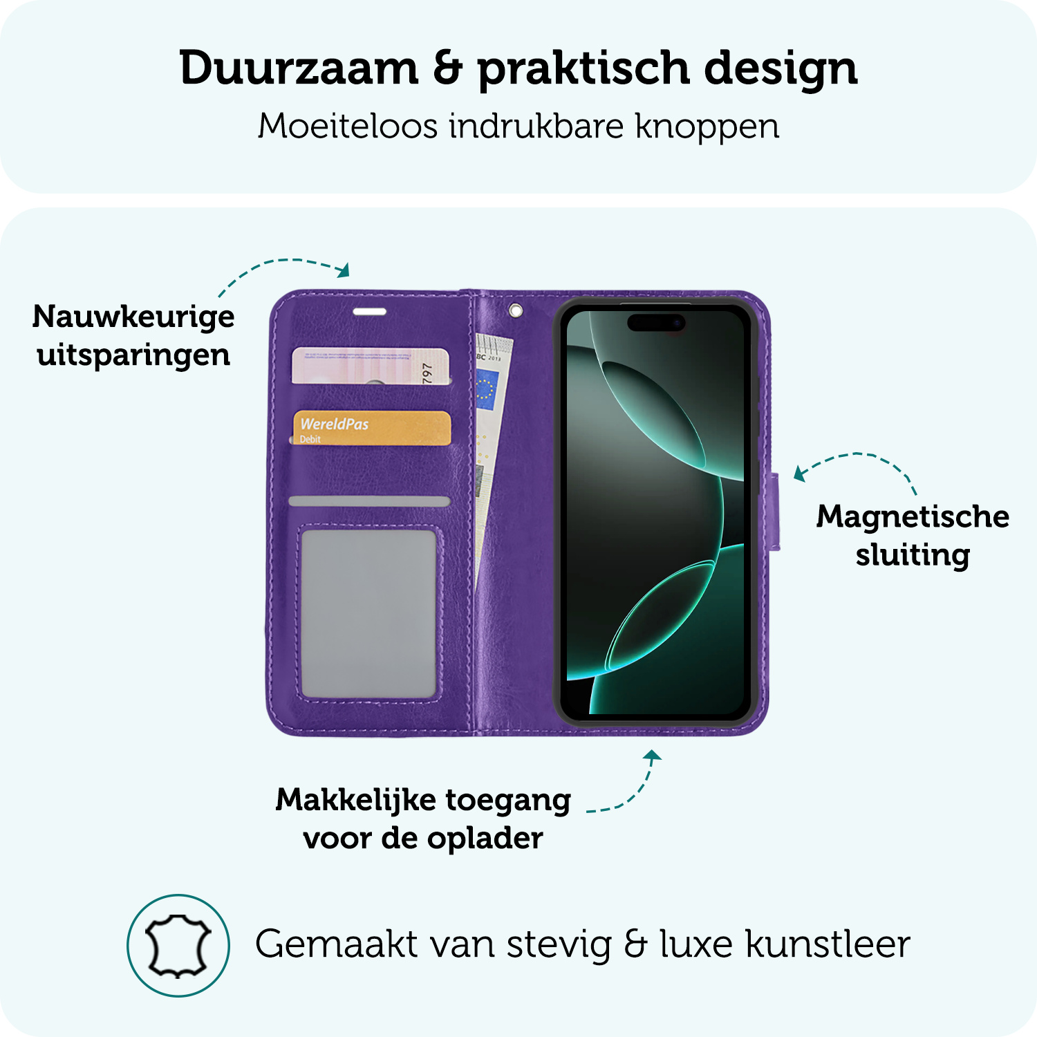 Forterra Hoesje Geschikt voor iPhone 16 Pro Book Case Kunstleer Hoes Met Screenprotector - Hoes Geschikt voor iPhone 16 Pro Hoesje Bookcase Met Pasjeshouder - Paars