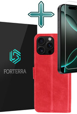 Forterra Hoesje Geschikt voor iPhone 16 Pro Book Case Kunstleer Hoes Met Screenprotector - Hoes Geschikt voor iPhone 16 Pro Hoesje Bookcase Met Pasjeshouder - Rood