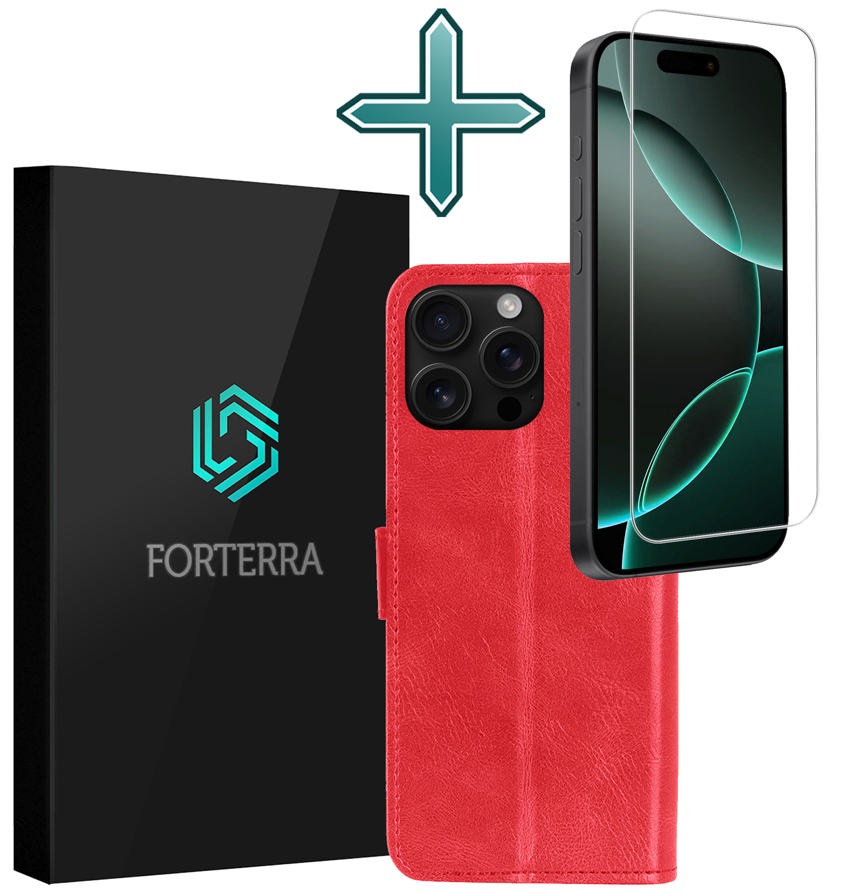 Forterra Hoesje Geschikt voor iPhone 16 Pro Book Case Kunstleer Hoes Met Screenprotector - Hoes Geschikt voor iPhone 16 Pro Hoesje Bookcase Met Pasjeshouder - Rood