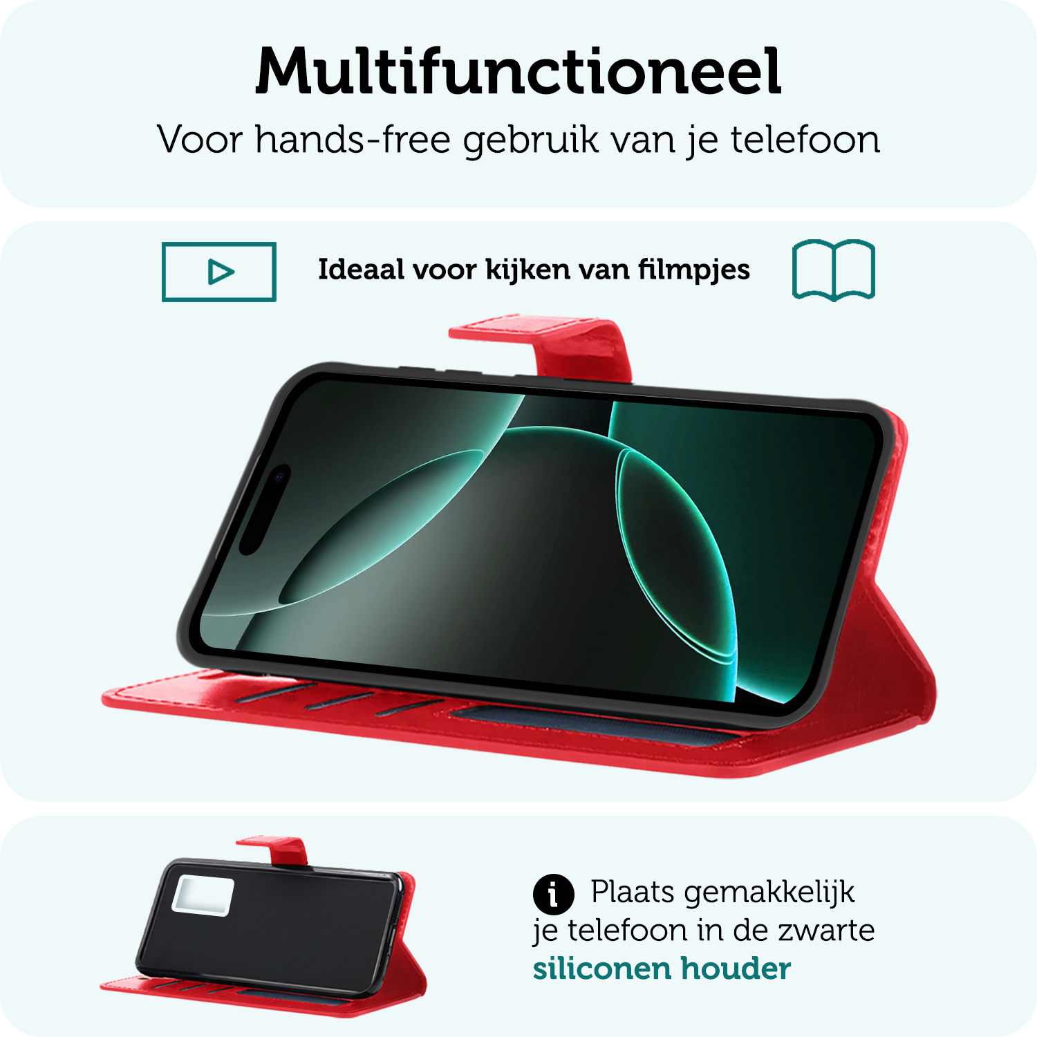 Forterra Hoesje Geschikt voor iPhone 16 Pro Book Case Kunstleer Hoes Met Screenprotector - Hoes Geschikt voor iPhone 16 Pro Hoesje Bookcase Met Pasjeshouder - Rood