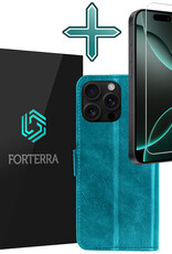 Forterra Hoesje Geschikt voor iPhone 16 Pro Book Case Kunstleer Hoes Met Screenprotector - Hoes Geschikt voor iPhone 16 Pro Hoesje Bookcase Met Pasjeshouder - Turquoise