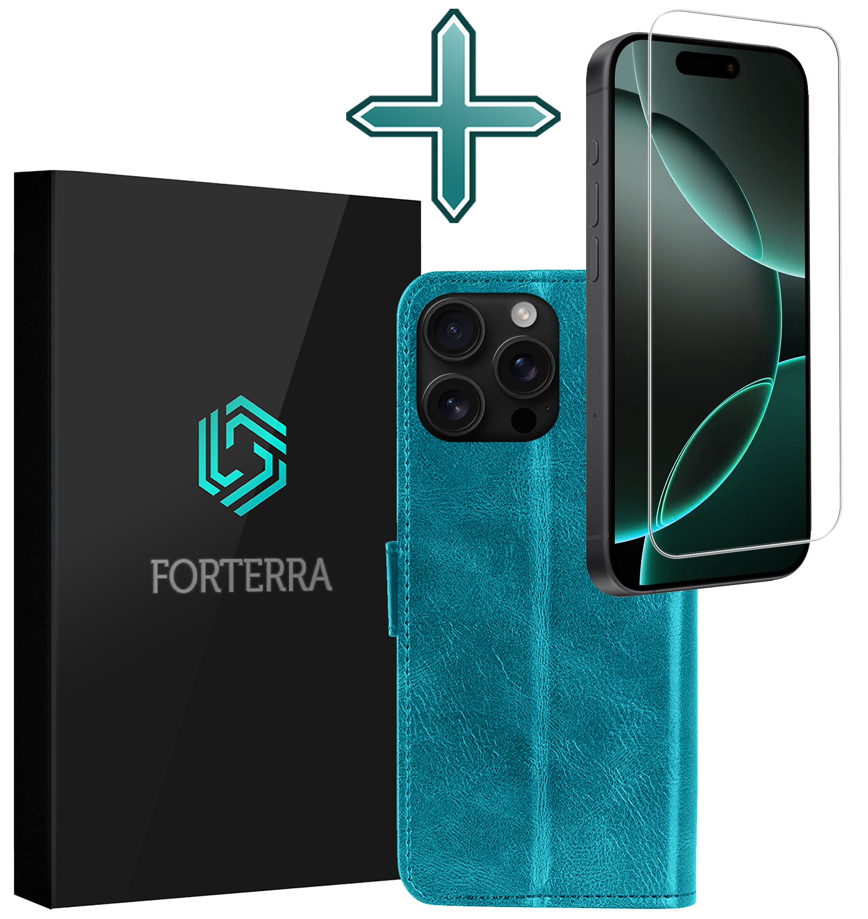 Forterra Hoesje Geschikt voor iPhone 16 Pro Book Case Kunstleer Hoes Met Screenprotector - Hoes Geschikt voor iPhone 16 Pro Hoesje Bookcase Met Pasjeshouder - Turquoise
