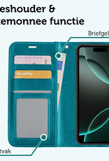 Forterra Hoesje Geschikt voor iPhone 16 Pro Book Case Kunstleer Hoes Met Screenprotector - Hoes Geschikt voor iPhone 16 Pro Hoesje Bookcase Met Pasjeshouder - Turquoise