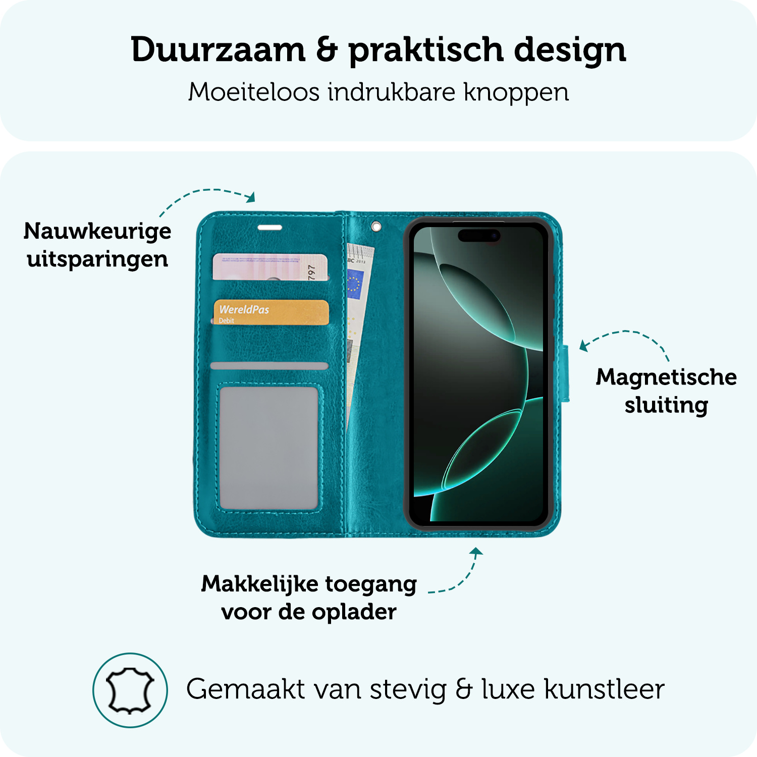 Forterra Hoesje Geschikt voor iPhone 16 Pro Book Case Kunstleer Hoes Met Screenprotector - Hoes Geschikt voor iPhone 16 Pro Hoesje Bookcase Met Pasjeshouder - Turquoise