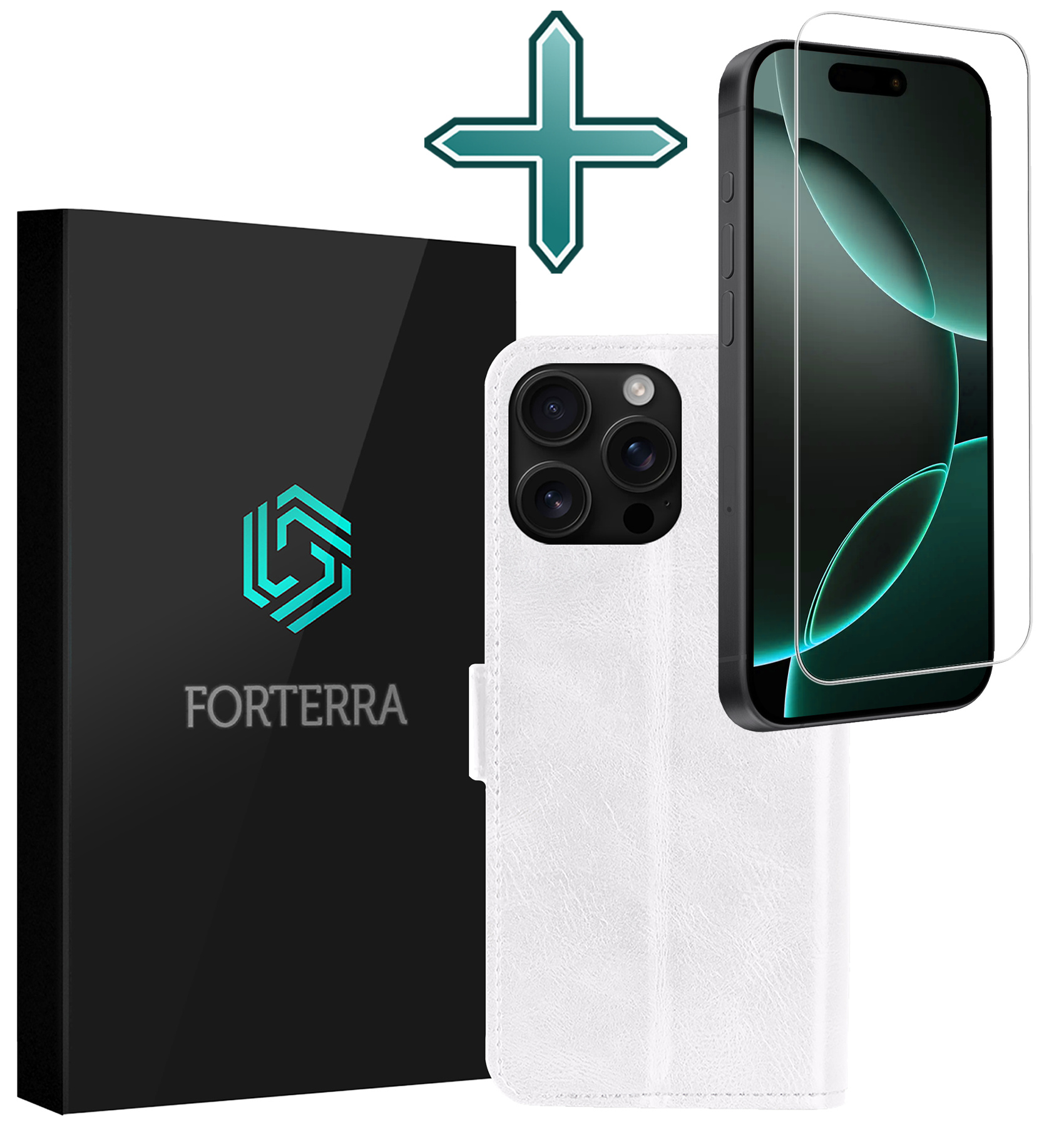 Forterra Hoesje Geschikt voor iPhone 16 Pro Book Case Kunstleer Hoes Met Screenprotector - Hoes Geschikt voor iPhone 16 Pro Hoesje Bookcase Met Pasjeshouder - Wit