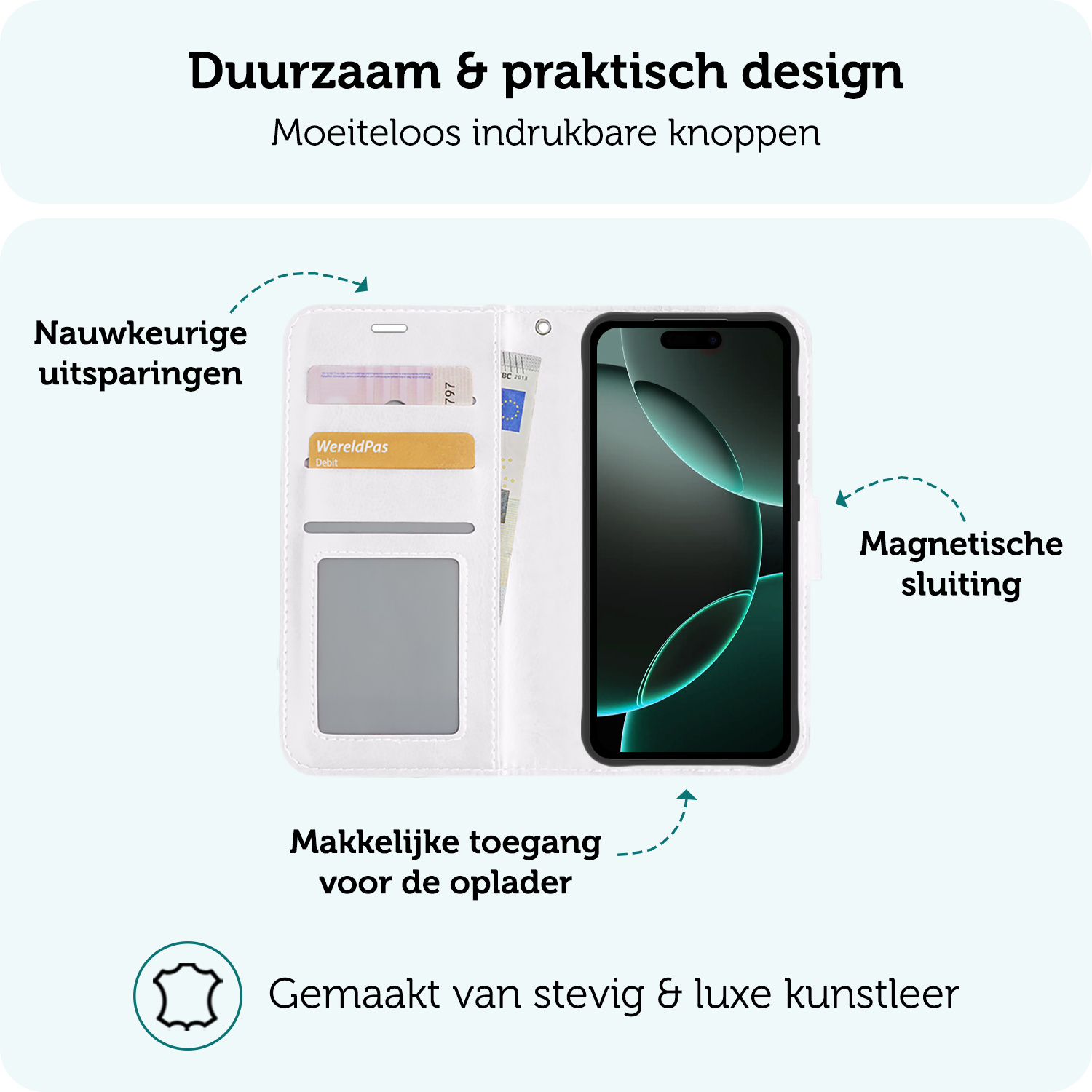 Forterra Hoesje Geschikt voor iPhone 16 Pro Book Case Kunstleer Hoes Met Screenprotector - Hoes Geschikt voor iPhone 16 Pro Hoesje Bookcase Met Pasjeshouder - Wit