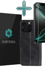 Forterra Hoesje Geschikt voor iPhone 16 Pro Book Case Kunstleer Hoes Met Screenprotector - Hoes Geschikt voor iPhone 16 Pro Hoesje Bookcase Met Pasjeshouder - Zwart