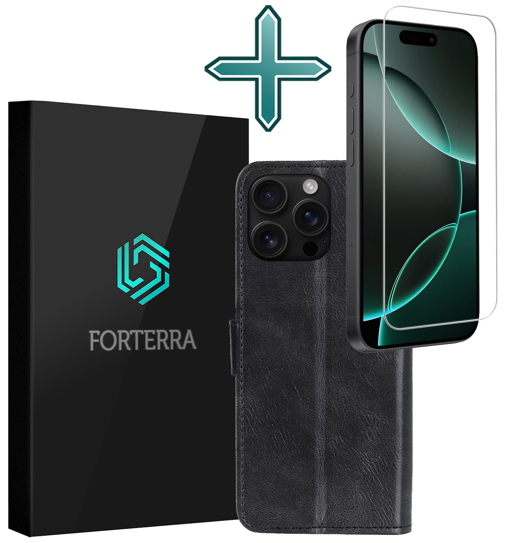 Forterra Hoesje Geschikt voor iPhone 16 Pro Book Case Kunstleer Hoes Met Screenprotector - Hoes Geschikt voor iPhone 16 Pro Hoesje Bookcase Met Pasjeshouder - Zwart