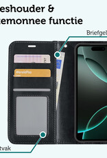 Forterra Hoesje Geschikt voor iPhone 16 Pro Book Case Kunstleer Hoes Met Screenprotector - Hoes Geschikt voor iPhone 16 Pro Hoesje Bookcase Met Pasjeshouder - Zwart