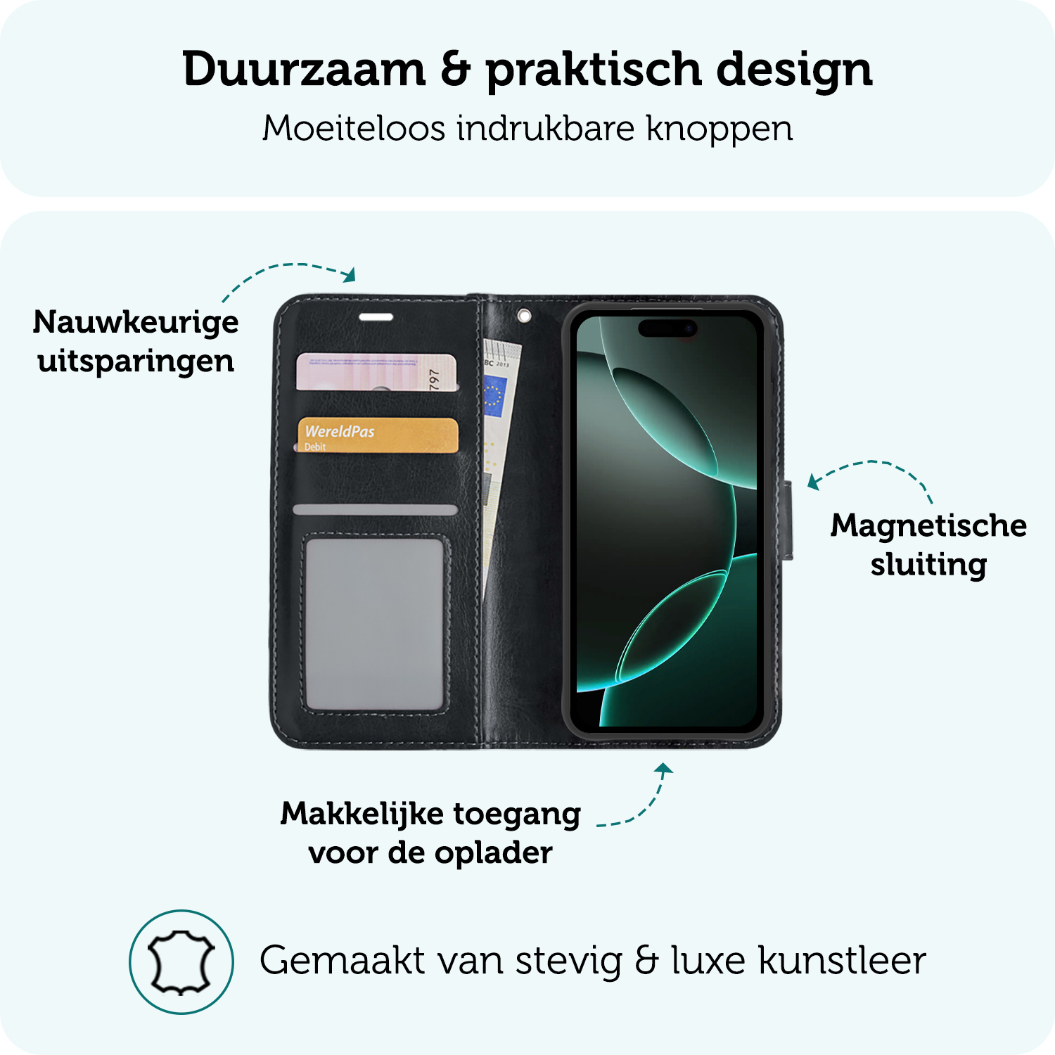 Forterra Hoesje Geschikt voor iPhone 16 Pro Book Case Kunstleer Hoes Met Screenprotector - Hoes Geschikt voor iPhone 16 Pro Hoesje Bookcase Met Pasjeshouder - Zwart