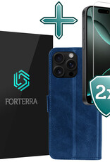 Forterra Hoesje Geschikt voor iPhone 16 Pro Book Case Kunstleer Hoes Met 2x Screenprotector - Hoes Geschikt voor iPhone 16 Pro Hoesje Bookcase Met Pasjeshouder - Donkerblauw